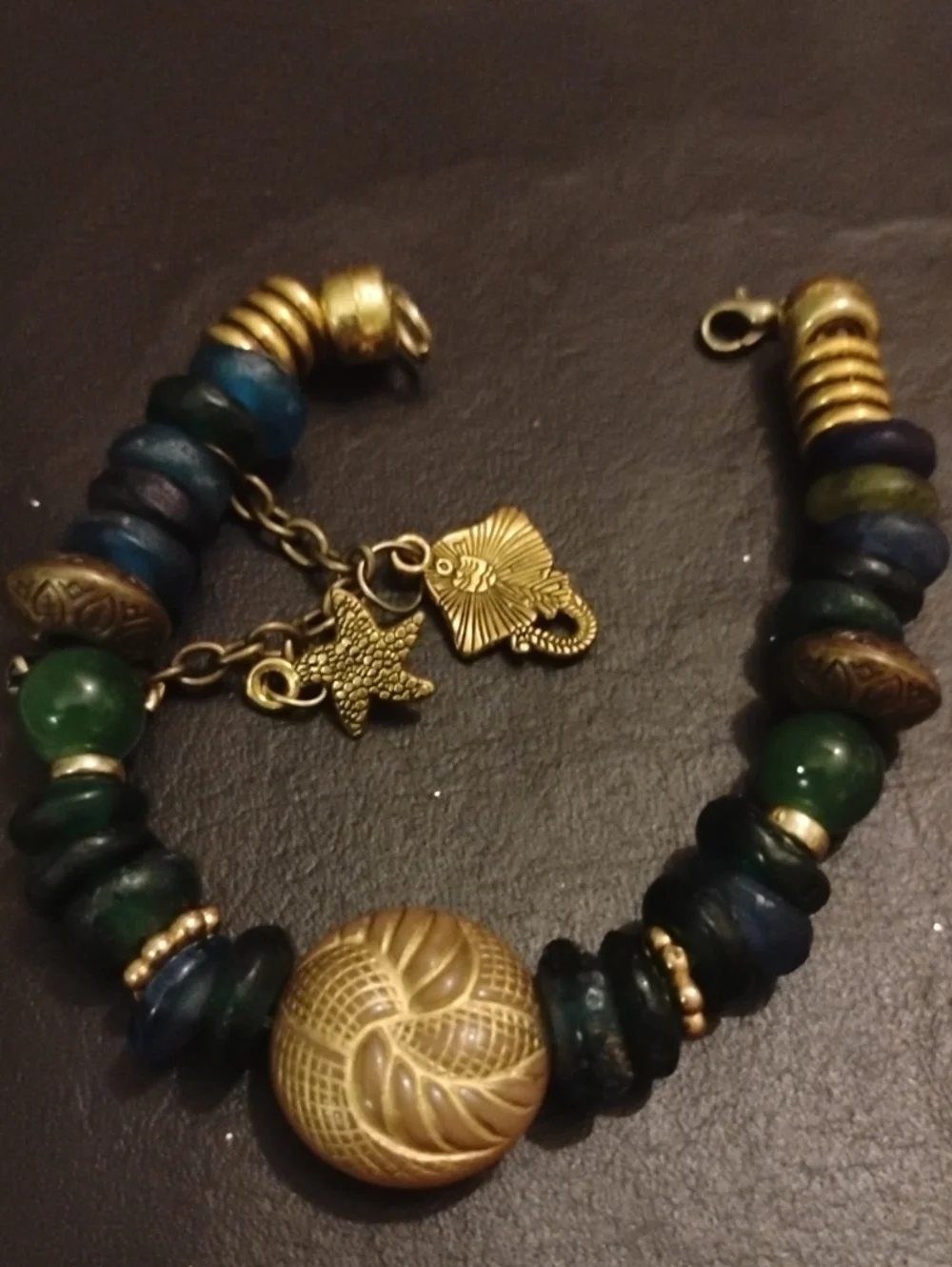 Hand Crafted Gold-Tone and Green-Blue Bead Charm Bracelet